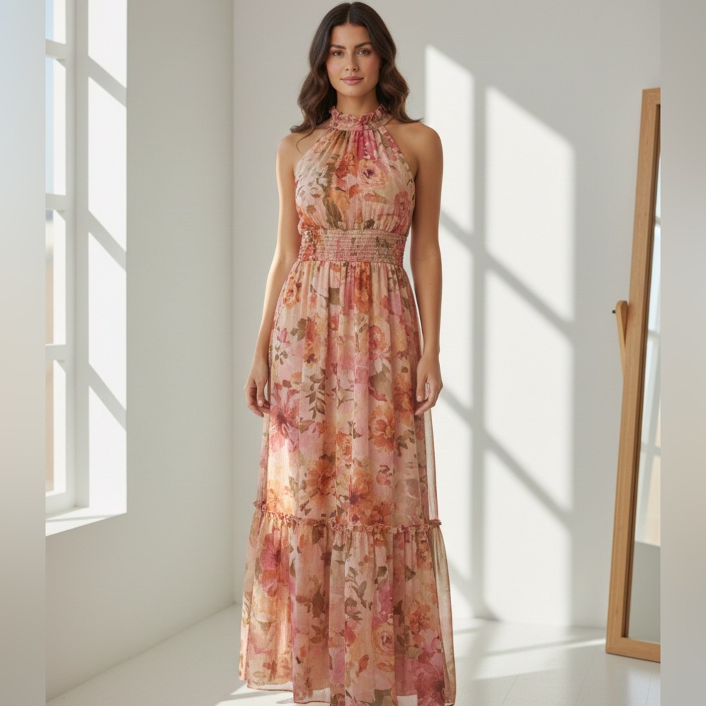 Taylor Pink and Orange bright Ruffled Dress - Picture 1 of 4